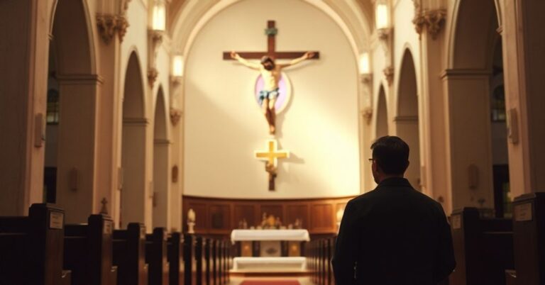Wnętrze tradycyjnego kościoła z pokornym przedstawieniem Chrystusa na krzyżu. Mel Gibson stoi w cieniu, symbolizując konflikt między wiarą a współczesnymi ideologiami.