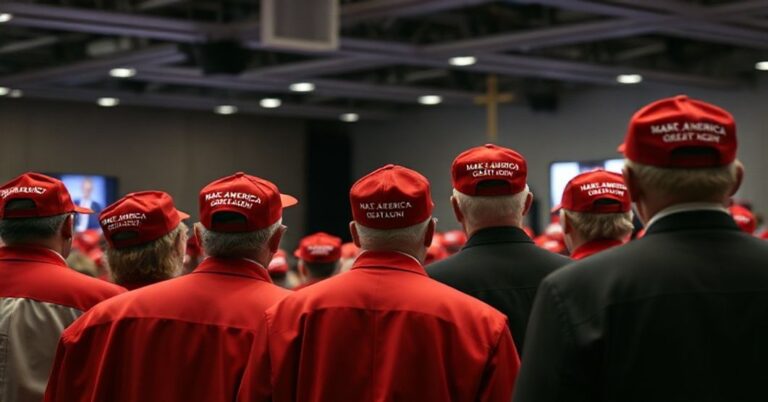 Grupa ludzi w czerwonych czapkach "Make America Great Again" na konferencji politycznej bez widocznych symboli katolickich.