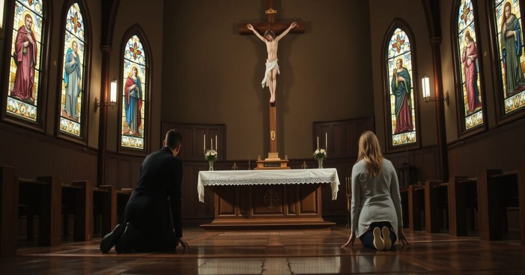 Trzej nowi członkowie struktury posoborowej modlący się w tradycyjnym kościele katolickim przed krucyfiksem.