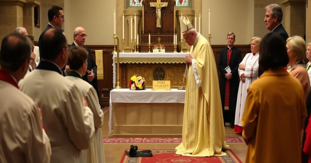 Scena przyjęcia byłego anglikańskiego dyrektora seminarium Robina Warda do Kościoła katolickiego w benedyktyńskim opactwie St. Michael's w Farnborough. Na obrazie widoczny jest Ward w tradycyjnym stroju katolickim, klęczący przed biskupem w pełnej liturgicznej szacie, z ołtarzem ozdobionym świecami i symbolami religijnymi na tle. Scena przekazuje powagę konwersji bez odpowiedniego wyrzeczenia się herezji.