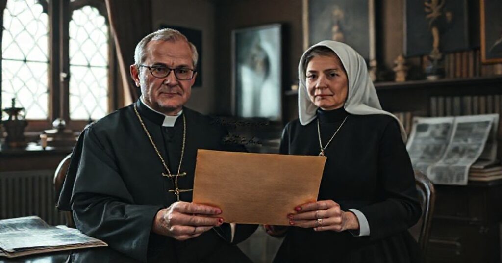 Zdjęcie przedstawiające stary list między Karolem Wojtyłą a Anną Teresą Tymieniecką z napisem 'Mieszam w to Pana Boga', w tradycyjnym katolickim otoczeniu.