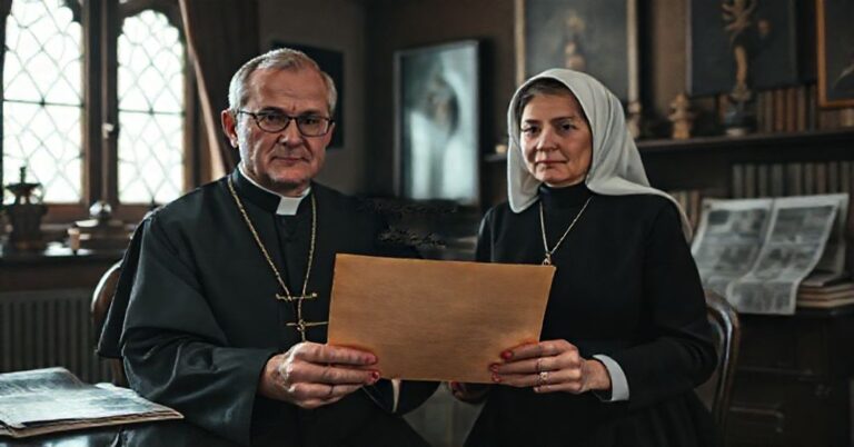 Zdjęcie przedstawiające stary list między Karolem Wojtyłą a Anną Teresą Tymieniecką z napisem 'Mieszam w to Pana Boga', w tradycyjnym katolickim otoczeniu.