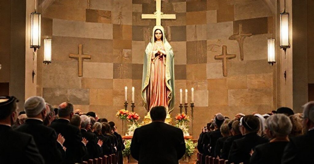 Solemne koronowanie figury zwanej 'Naszą Panią Fatimską' przez prezydenta Uniwersytetu Benedyktyńskiego Josepha Foysa.