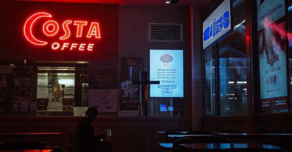 Sobór katolicki przedstawiający nowoczesną kawiarnię z neonowymi znakami Costa Coffee, Visa i Pekao w tle. Osoba siedzi samotnie z kubkiem kawy otoczona banerami promocyjnymi i ekranami wyświetlającymi kody rabatowe. Atmosfera jest zimna i sztuczna, kontrastująca z ledwo widocznym krucyfiksem w rogu, częściowo zasłoniętym reklamami korporacyjnymi.