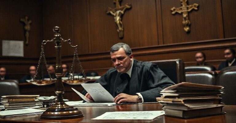 Sądowy scenariusz przedstawiający sędziego rozważającego sprawę przestępcy wykorzystującego ideologię gender; symbolizuje upadek moralny współczesnego wymiaru sprawiedliwości.