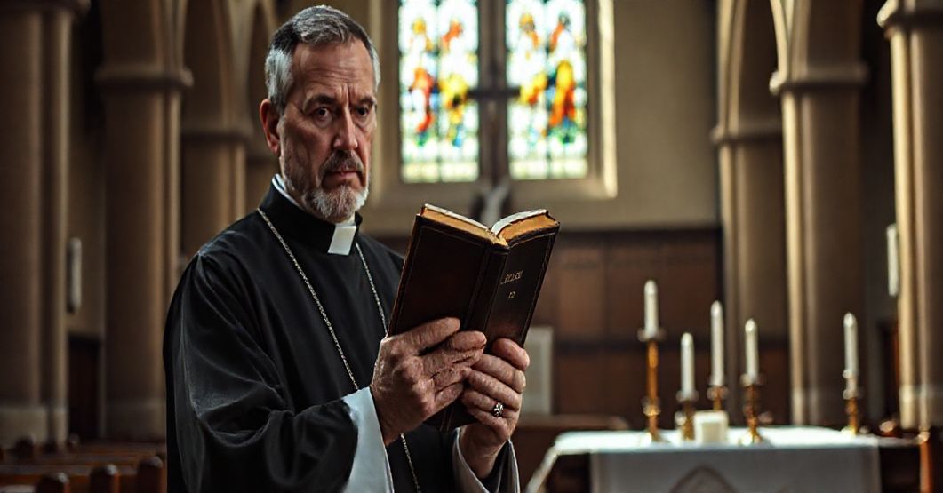 Ksiądz w sutannie trzymający Biblię katolicką w opuszczonym kościele, refleksja nad apostazją i modernizmem