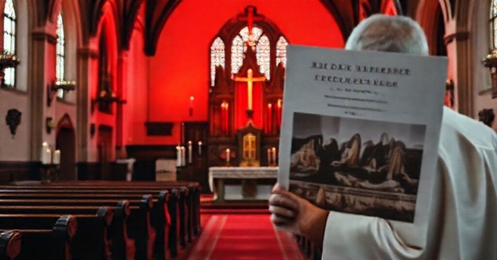 Wnętrze kościoła w tradycyjnym stylu katolickim z czerwonym świetlnictwem podczas kampanii "Red Week", ukazujące fałszywy ekumenizm i zaniedbanie prawdziwego męczeństwa katolickiego.