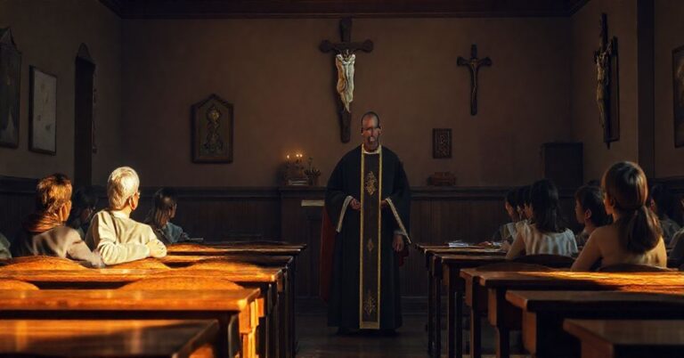 Tradycyjna katolicka scena edukacyjna z kapłanem i uczniami w klasztornym otoczeniu, podkreślająca duchowy wymiar nauczania