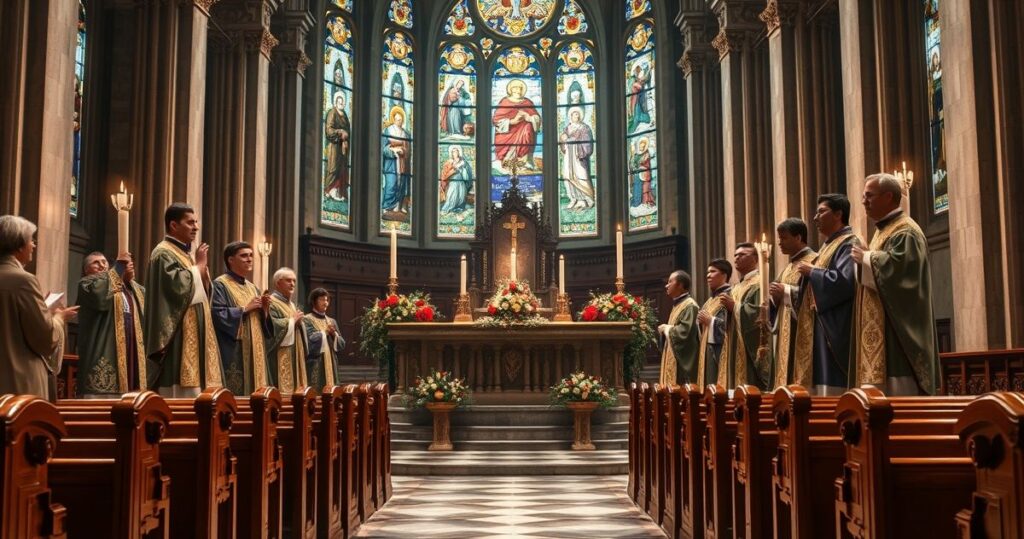 Obraz realistycznej katolickiej liturgii w tradycyjnej świątyni, ukazujący powagę i głęboki szacunek w kontekście krytyki modernistycznych kanonizacji