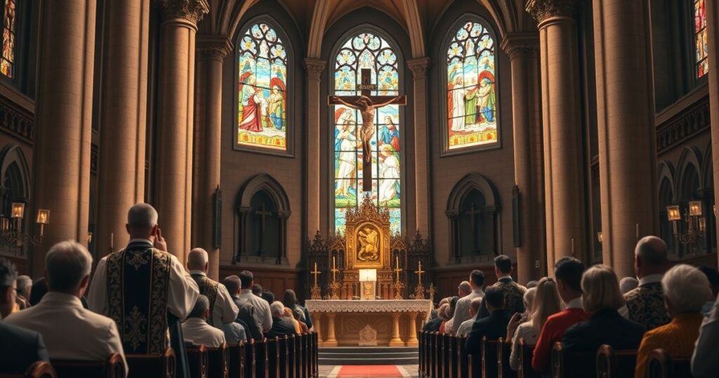 Religijna scena w kościele z kapłanem i wiernymi, symbolizująca prawdziwą wiarę katolicką, w kontekście krytyki politycznego nadużycia religii w Ameryce.