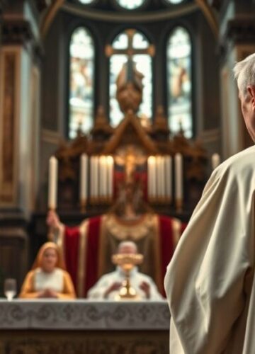 Sakramentalna Msza w kontekście kryzysu wiary i apostazji Kościoła Kapłan w tradycyjnych szatach podczas Mszy świętej, w głębokiej refleksji nad kryzysem wiary i apostazją w Kościele, realistyczny i pełen powagi obraz