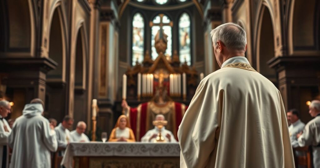 Kapłan w tradycyjnych szatach podczas Mszy świętej, w głębokiej refleksji nad kryzysem wiary i apostazją w Kościele, realistyczny i pełen powagi obraz