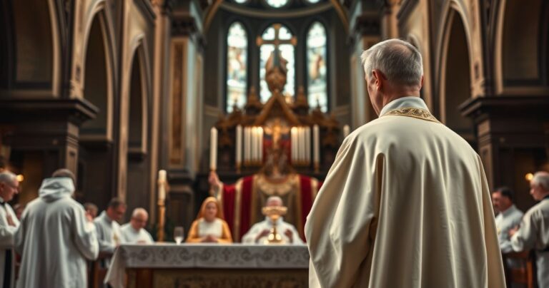 Kapłan w tradycyjnych szatach podczas Mszy świętej, w głębokiej refleksji nad kryzysem wiary i apostazją w Kościele, realistyczny i pełen powagi obraz