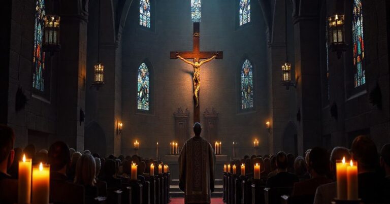 Szczególnie poważne i religijne zdjęcie w katolickim stylu, ukazujące kapłana modlącego się przed krucyfiksem w nastrojowym, tradycyjnym wnętrzu kościoła, symbolizujące moralne rozliczenie i refleksję nad prawdą i sprawiedliwością.
