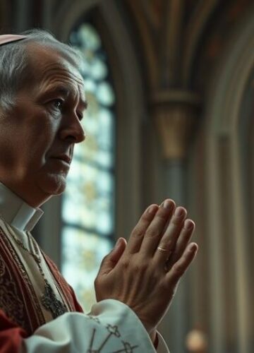 Ksiądz modli się w kościele przed krucyfikiem, symbolizując duchową troskę Ksiądz w modlitwie przed krucyfiksem w kościele, wyraz troski o duchową kondycję Kościoła wobec polityki