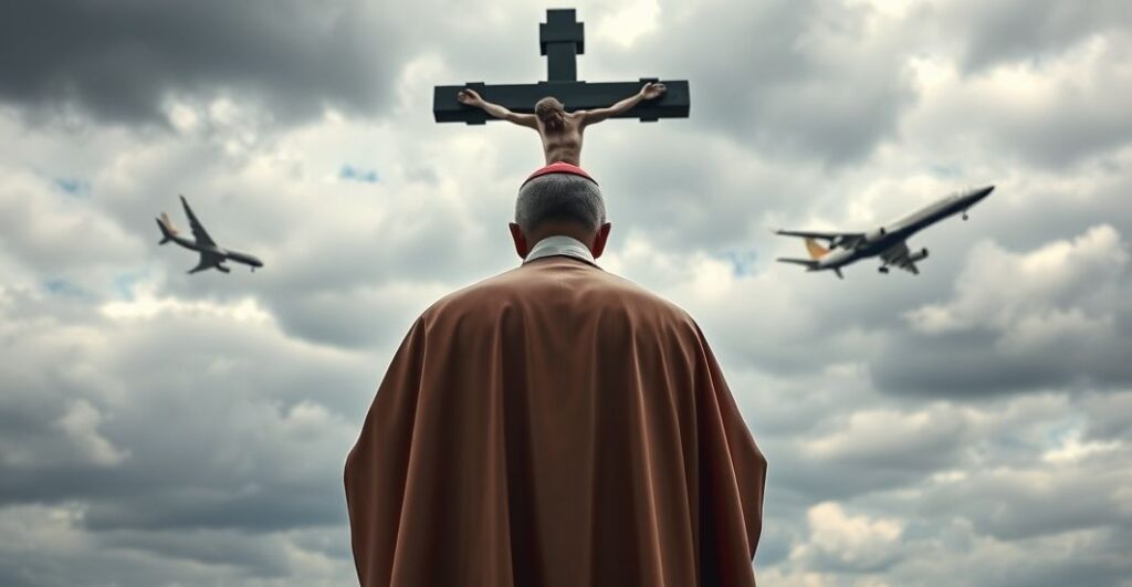 Ksiądz modli się przed krucyfiksem w realistycznej, pełnej szacunku scenie religijnej, symbolizującej duchową obronę w obliczu zagrożeń, podkreślając brak nadprzyrodzonej ochrony w nowoczesnym świecie