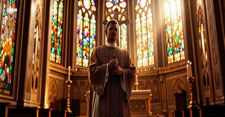 Religijna scena w kościele ukazująca kapłana trzymającego krucyfiks w głębokiej modlitwie, symbolizująca powagę życia i moralną prawdę z sedevacantystycznej perspektywy
