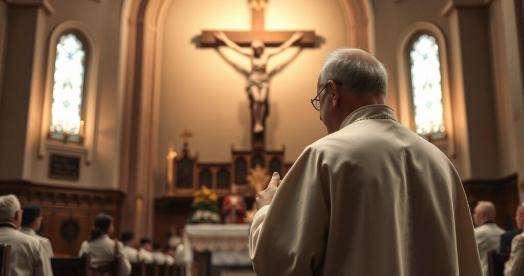 Kapłan modlący się przed krucyfiksem w kościele, symbolizujący świętość życia i sprzeciw wobec aborcji w katolickim duchu