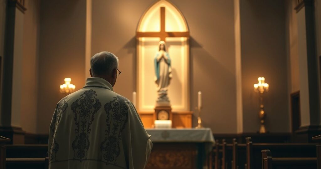 Realistyczne zdjęcie kapłana modlącego się w kaplicy przy ołtarzu, wyrażające katolicką pobożność i duchowe skupienie.
