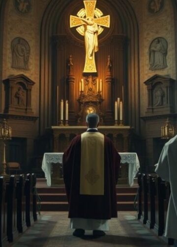 Katolicka scena modlitewna w obliczu tragedii i moralnego upadku Reverentne katolickie wnętrze kościoła, kapłan modli się w milczeniu, refleksja nad ciężarem grzechu i koniecznością pokuty w obliczu tragedii