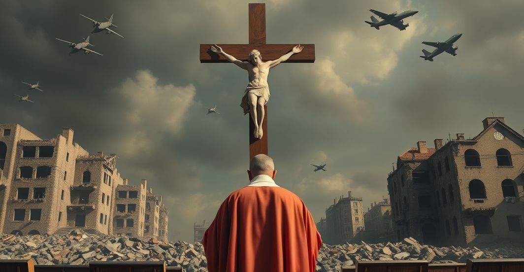 Katolicka scena modlitewna w obliczu wojny i kryzysu wiary Reverent katolicki ksiądz modli się przed krucyfiksem, w tle zniszczone budynki i samoloty wojskowe, symbolizując duchowy kryzys i brak nadprzyrodzonej ochrony w obliczu wojny