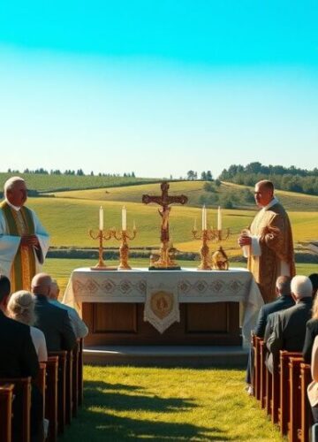 Katolicka msza - obraz wiernej liturgii i pobożności w obliczu nowoczesnych nadużyć Realistyczny obraz katolickiej mszy na zewnątrz, z tradycyjnym duchowieństwem i wiernymi, ukazujący pobożność i szacunek dla liturgii, krytyczny wobec nowoczesnych nadużyć i heretyckich praktyk