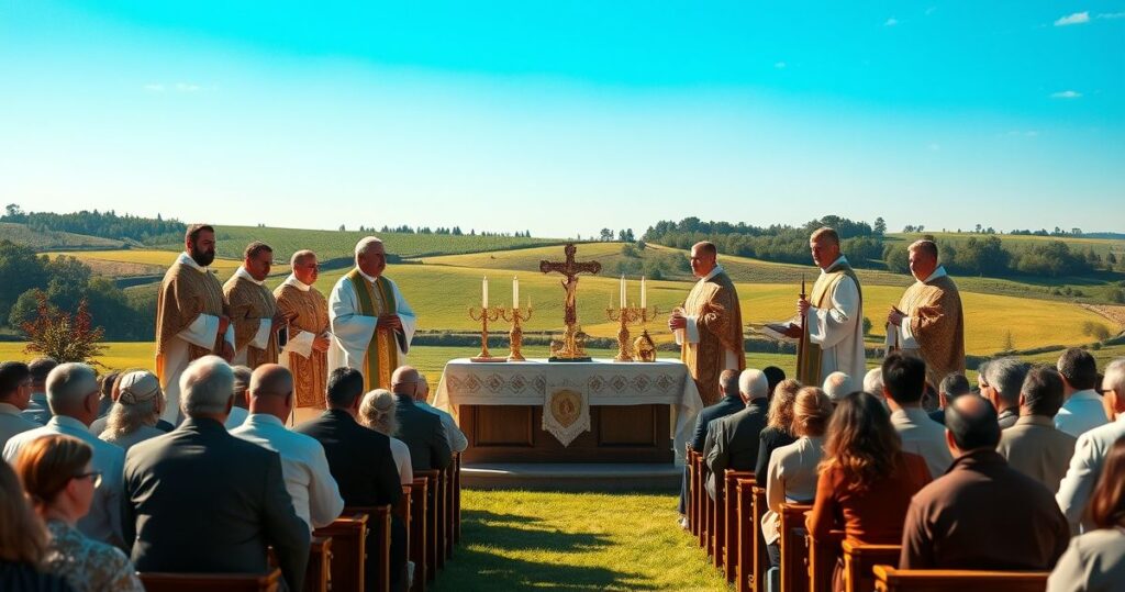 Realistyczny obraz katolickiej mszy na zewnątrz, z tradycyjnym duchowieństwem i wiernymi, ukazujący pobożność i szacunek dla liturgii, krytyczny wobec nowoczesnych nadużyć i heretyckich praktyk