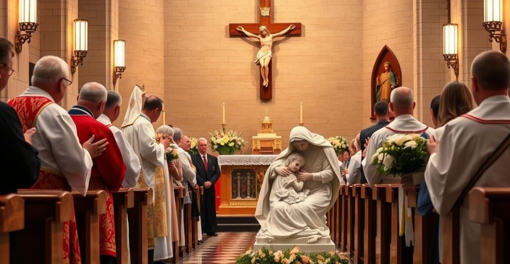 Reverent Catholic memorial in church with clergy, crucifix, and symbolic statue honoring victims, emphasizing faith and tradition