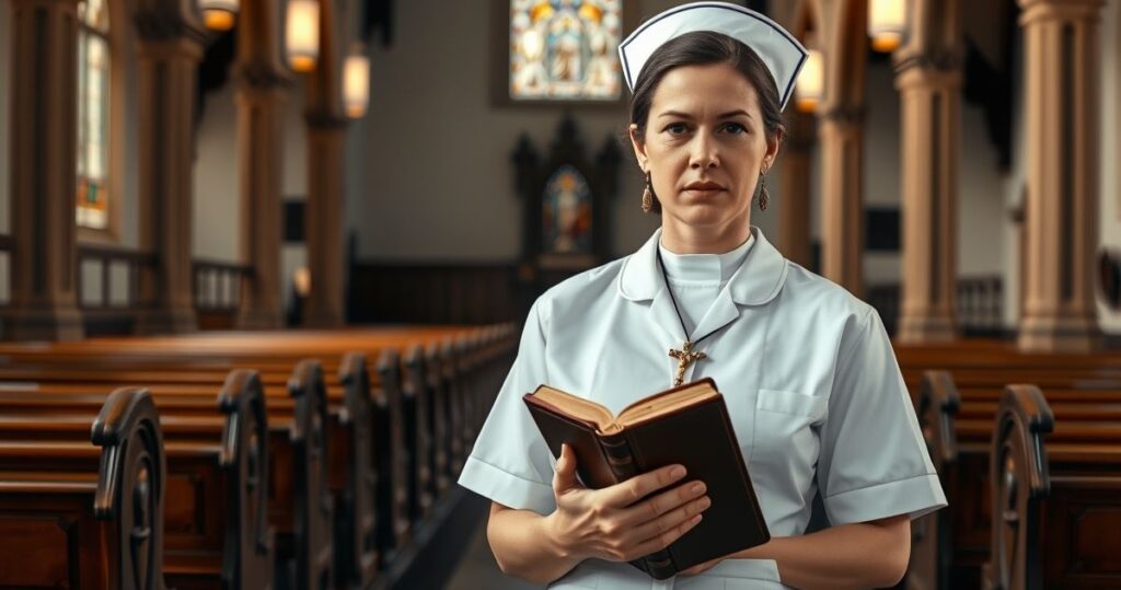 Catholic nurse trzymająca Biblię i krucyfiks w kościelnym wnętrzu, symbolizująca wierność prawdziwej wierze przeciwko nowoczesnym ideologiom.
