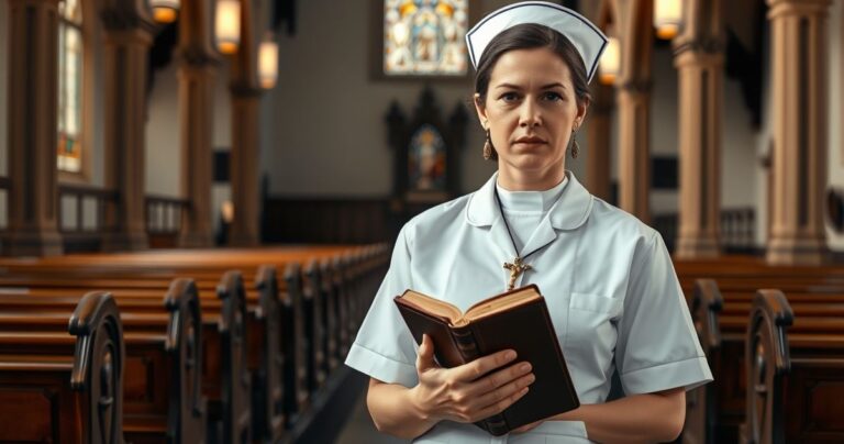 Catholic nurse trzymająca Biblię i krucyfiks w kościelnym wnętrzu, symbolizująca wierność prawdziwej wierze przeciwko nowoczesnym ideologiom.