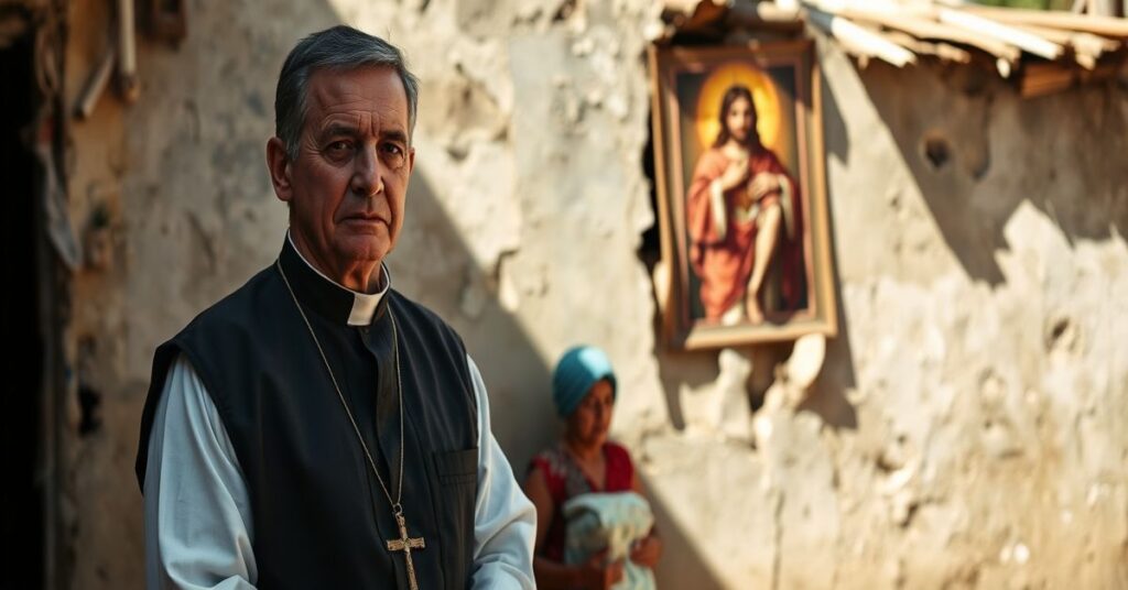 Ksiądz w tradycyjnych szatach kościelnych rozdaje żywność w słonecznej wiosce kubańskiej podczas kryzysu politycznego.