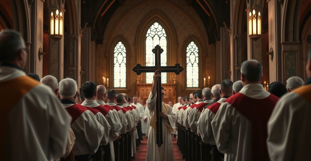Uroczysta katolicka procesja w tradycyjnym kościele Duchowni w tradycyjnych szatach podczas uroczystej procesji w katolickim kościele, oddający cześć Panu Bogu w głębokiej modlitwie