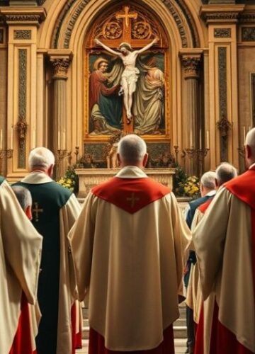 Chrześcijański apostolat w obronie Królestwa Chrystusa - tradycyjna scena kościelna Fotografia realistyczna kapłanów katolickich w liturgicznej procesji, symbolizujących wierność Tradycji i autorytetowi Chrystusa, w kontekście krytyki protestów świeckich przeciwko Bożemu panowaniu