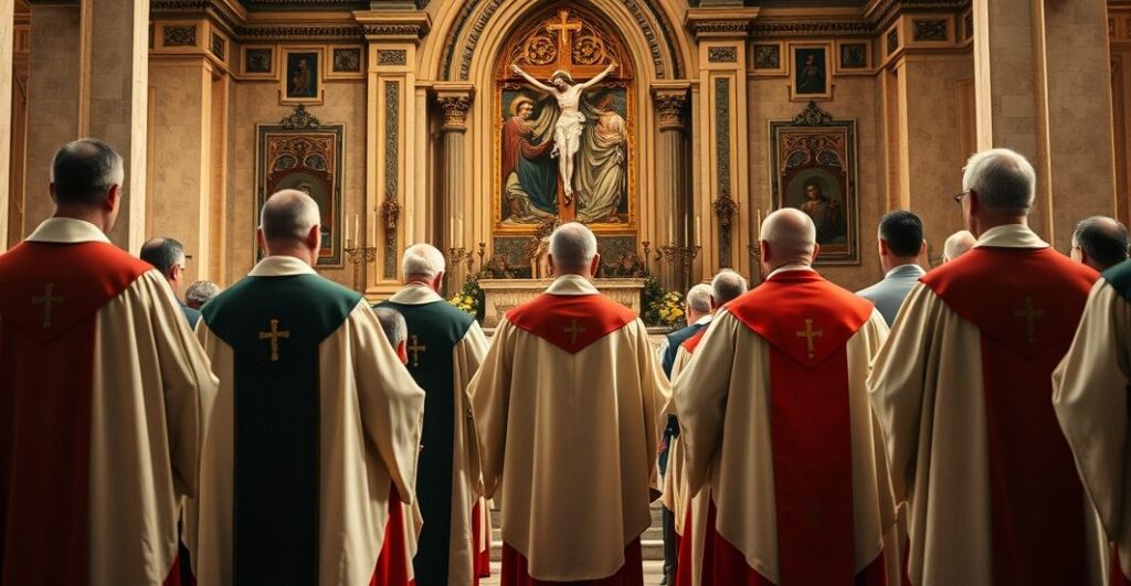 Fotografia realistyczna kapłanów katolickich w liturgicznej procesji, symbolizujących wierność Tradycji i autorytetowi Chrystusa, w kontekście krytyki protestów świeckich przeciwko Bożemu panowaniu