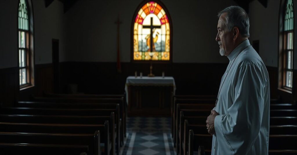 Ksiądz w tradycyjnym habitach stoi w pustym kościele z zamkniętym tabernakulum, patrzący przez okno witrażowe na nowoczesne miasto.