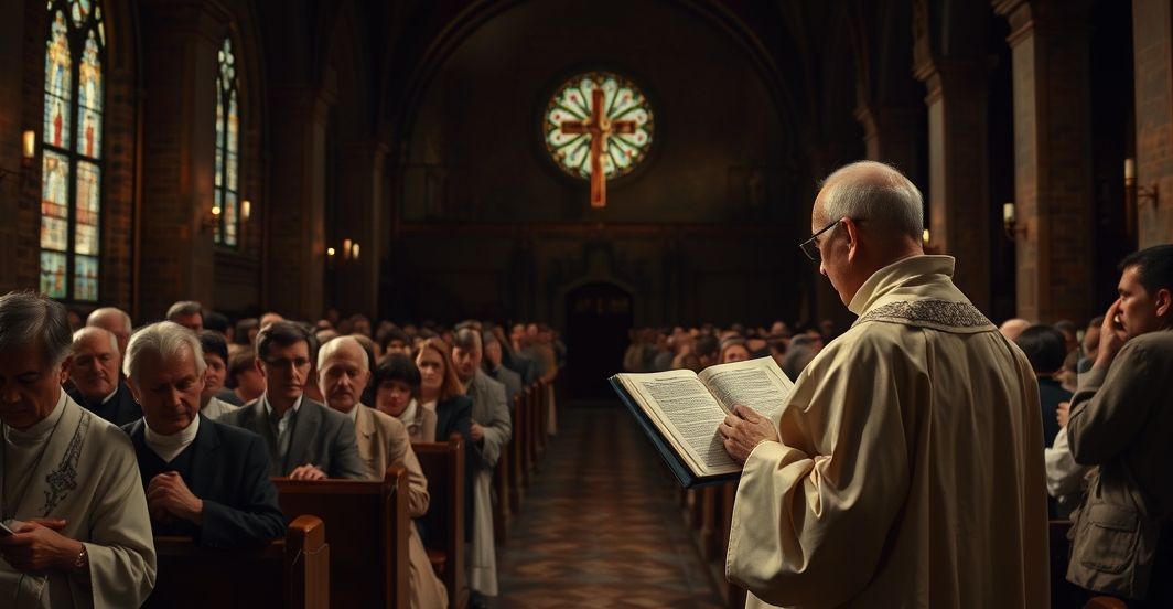 Rekolekcja katolicka w kontekście kryzysu wiary i teologicznej walki Rekolekcja katolicka w kościele, duchowny odczytuje Pismo Święte, symbolizując kryzys wiary i odchodzenie od prawdy katolickiej zgodnie z tematem artykułu.