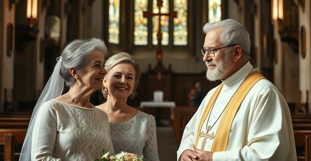 Reverentna scena katolickiej rodziny i kapłana w kościele, podkreślająca sakramentalny charakter małżeństwa i wartości tradycyjnej religii