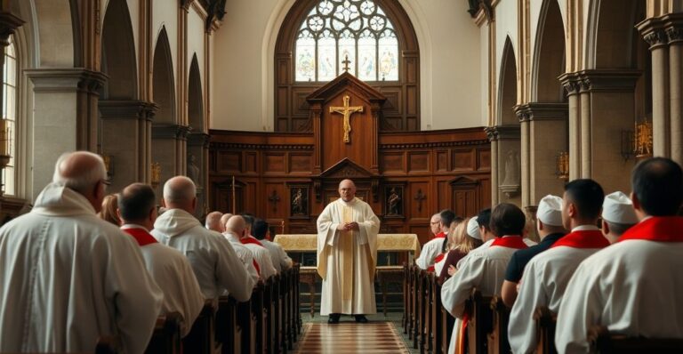 Wnętrze kościoła katolickiego z kapłanami w liturgii, ukazujące duchową powagę i krytyczny ton wobec modernistycznych wpływów w Kościele