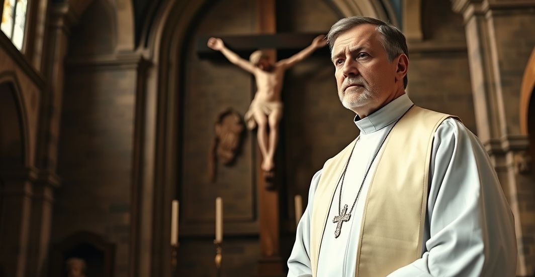 Religijna scena w kościele z kapłanem z powagą przed krucyfiksem, symbolizująca krytykę modernistycznej manipulacji w Kościele katolickim