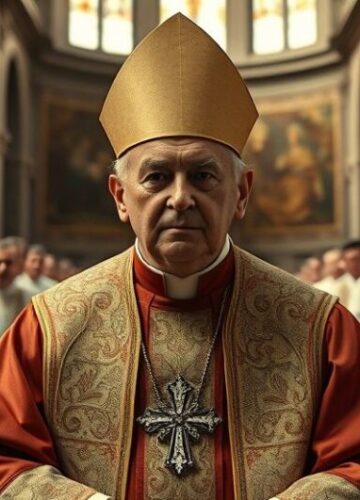 Szatnia katolicka kontra modernizm: scena krytyczna w kościele Rewersyjna scena w katolickim kościele z duchownym, symbolizująca walkę z modernistyczną herezją i krytykę posoborowych zmian