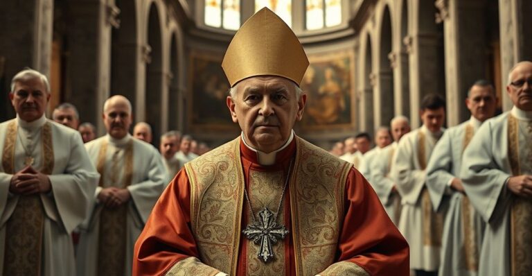 Rewersyjna scena w katolickim kościele z duchownym, symbolizująca walkę z modernistyczną herezją i krytykę posoborowych zmian