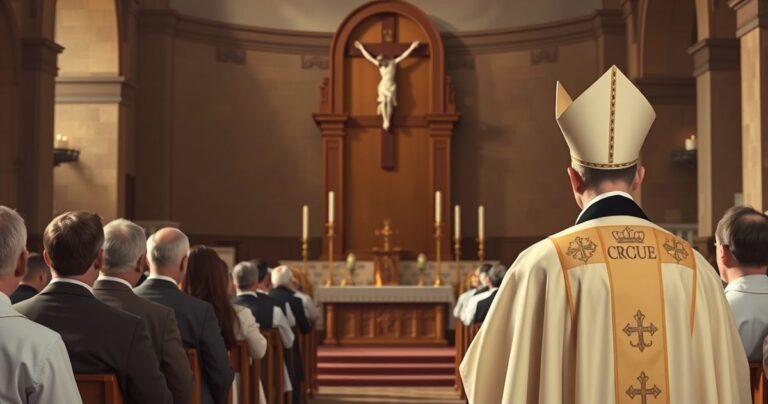 Koncepcja katolickiego kapłana przed ołtarzem, symbolizująca moralną i duchową prawdę w obliczu kryzysu cywilizacji bez Boga