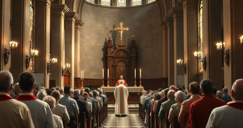 Szanowna scena kościelna z kapłanem i wiernymi, ukazująca tradycyjną katolicką liturgię, symbolizująca krytykę modernistycznych zmian i utratę autentycznego nauczania Kościoła