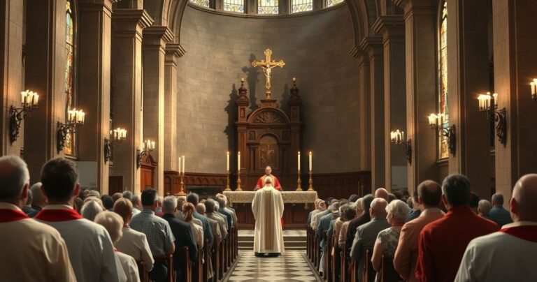 Szanowna scena kościelna z kapłanem i wiernymi, ukazująca tradycyjną katolicką liturgię, symbolizująca krytykę modernistycznych zmian i utratę autentycznego nauczania Kościoła