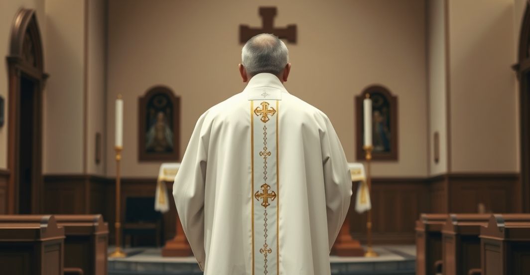 Ksiądz katolicki podczas nabożeństwa w tradycyjnej kaplicy - krytyka modernizmu Ksiądz katolicki w tradycyjnym stroju podczas nabożeństwa w skromnej kaplicy, wyrażający powagę i wierność naukom Kościoła wobec modernistycznych zagrożeń