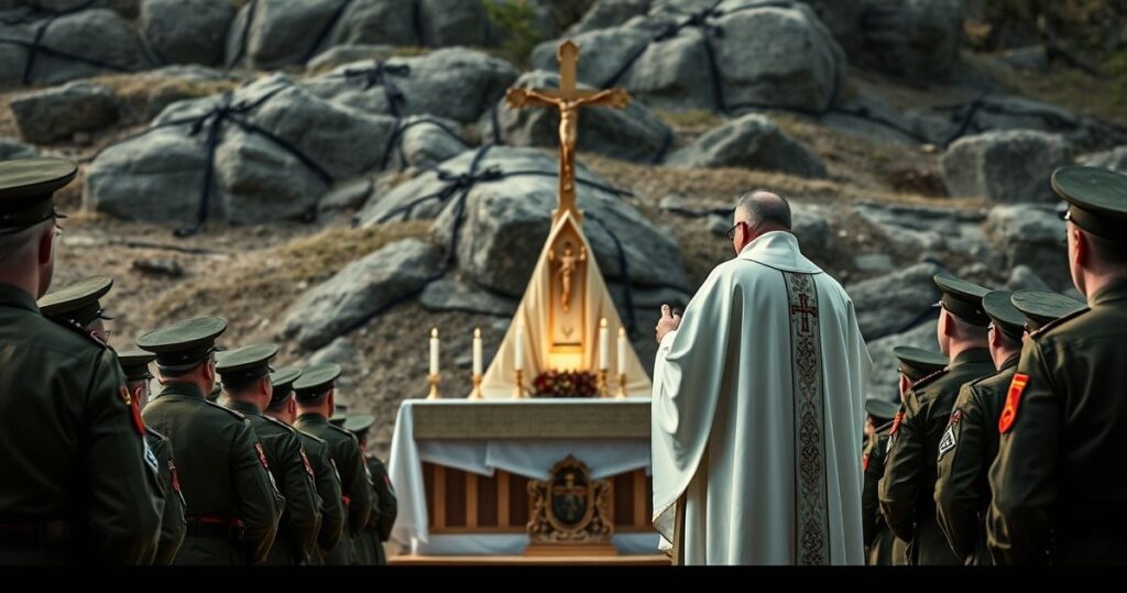 Szarfa katolickiego kapłana odprawiającego Mszę świętą w otoczeniu żołnierzy na tle wojskowej bazy, oddająca powagę i religijną głębię wydarzenia