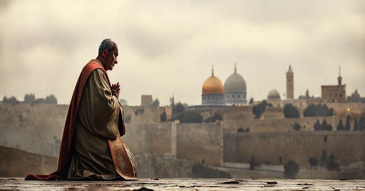 Katolicki obraz modlitwy w Jerozolimie krytykujący współczesne zniekształcenia duchowe Rewersyjna scena katolickiego księdza modlącego się przed Ziemią Świętą z Jerozolimą w tle, wyraz głębokiej refleksji i szacunku dla świętości, krytykująca współczesny brak duchowego odniesienia