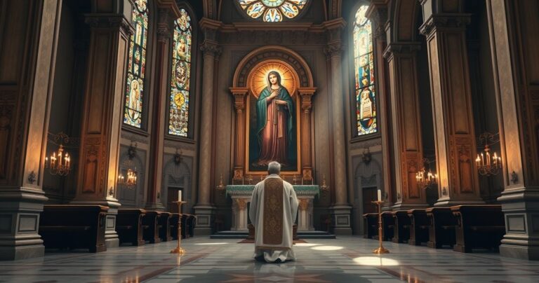 Fotografia realistycznego katolickiego wnętrza z kapłanem modlącym się przed ikoną Matki Bożej, wyrażająca pobożność i szacunek dla prawdziwego kultu maryjnego