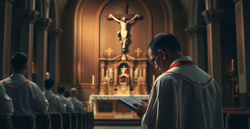 Sakramentalna scena w kościele katolickim z kapłanem modlącym się przy ołtarzu, symbolizująca duchową kryzys i odwrócenie od Chrystusa Króla w dzisiejszym świecie