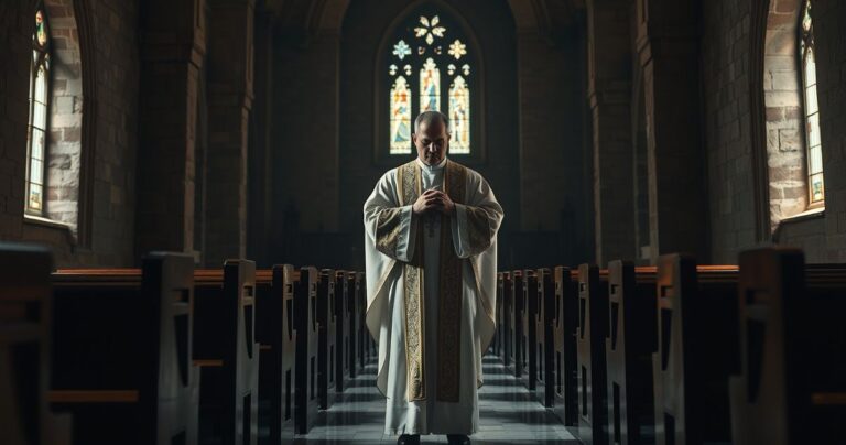 Szczery katolicki obraz ukazujący kapłana modlącego się w świątyni, refleksja nad kataklizmem i potrzebą pokuty w kontekście wydarzeń w Pakistanie